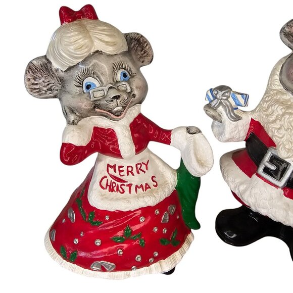 Kitschy Vintage Mr Mrs Santa Claus Mice Wasted Ceramic Handpainted 9.5" Red 70s - Picture 2 of 13